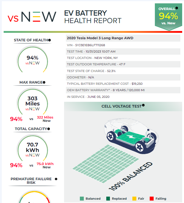 Battery health report for 2020 Tesla Model 3